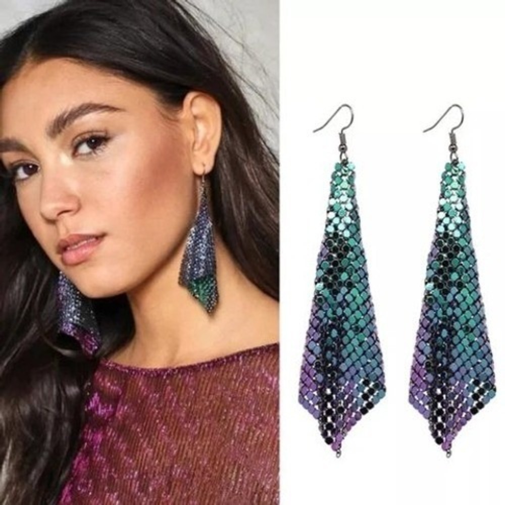 Dangle Drop Earrings Mesh Sequin Iridescent Teal Purple Statement Fashion